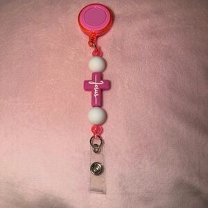 Pink and White Beaded Badge Reel